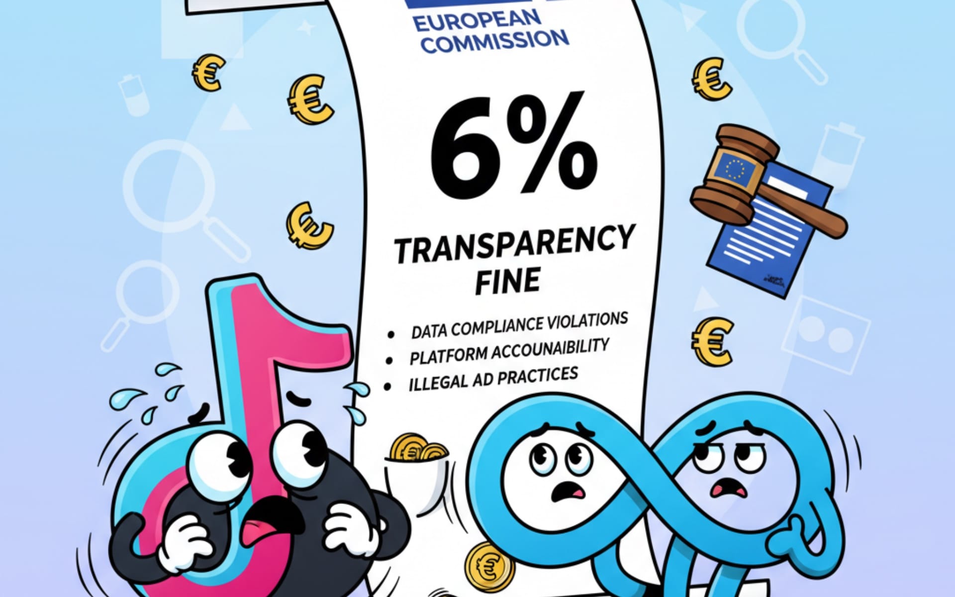 TikTok and Meta logos react to EU's 6% transparency fine under Digital Services Act regulations.Retry