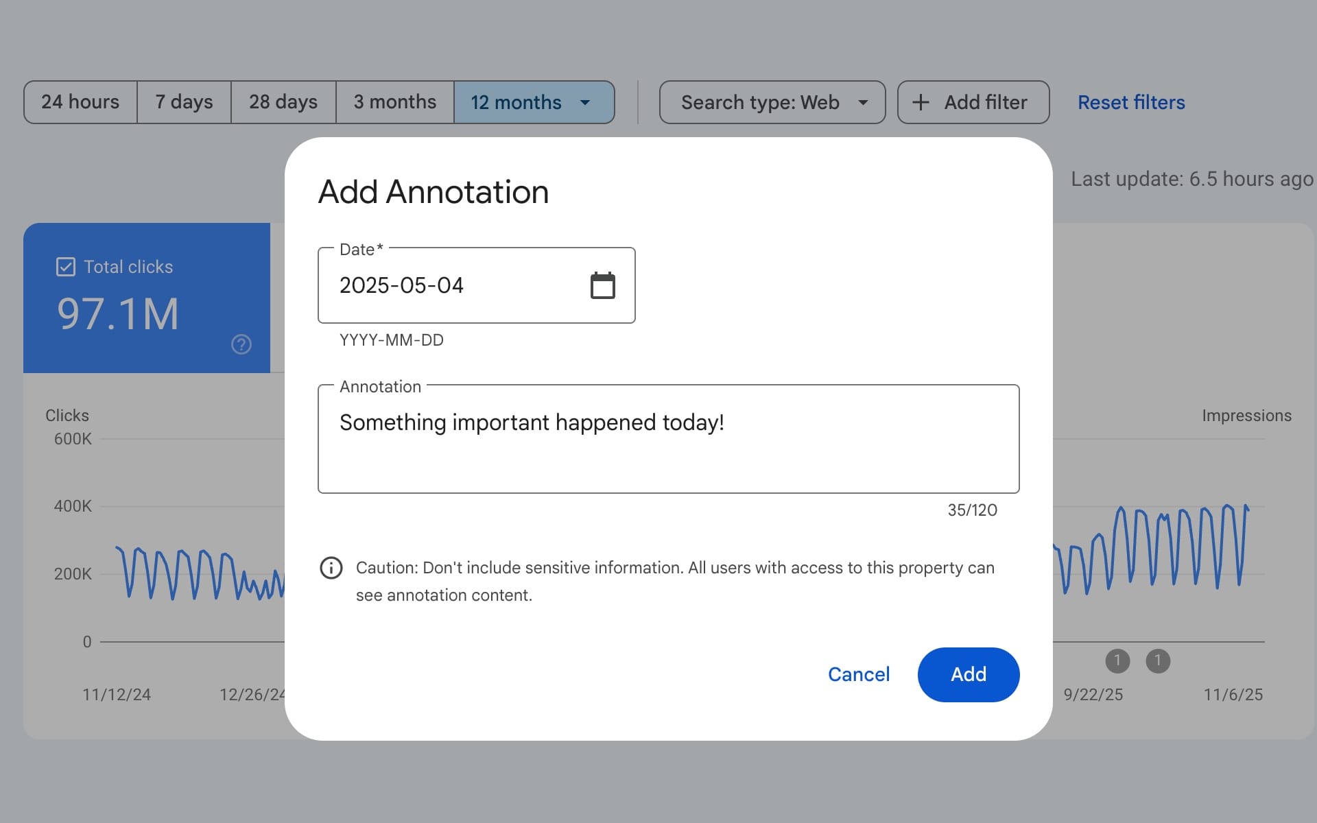 Google Search Console adds custom annotations for performance tracking