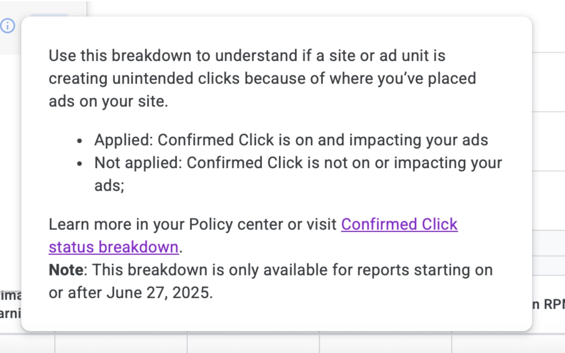 Confirmed Click status breakdown showing Applied and Not applied values in AdSense reporting interface