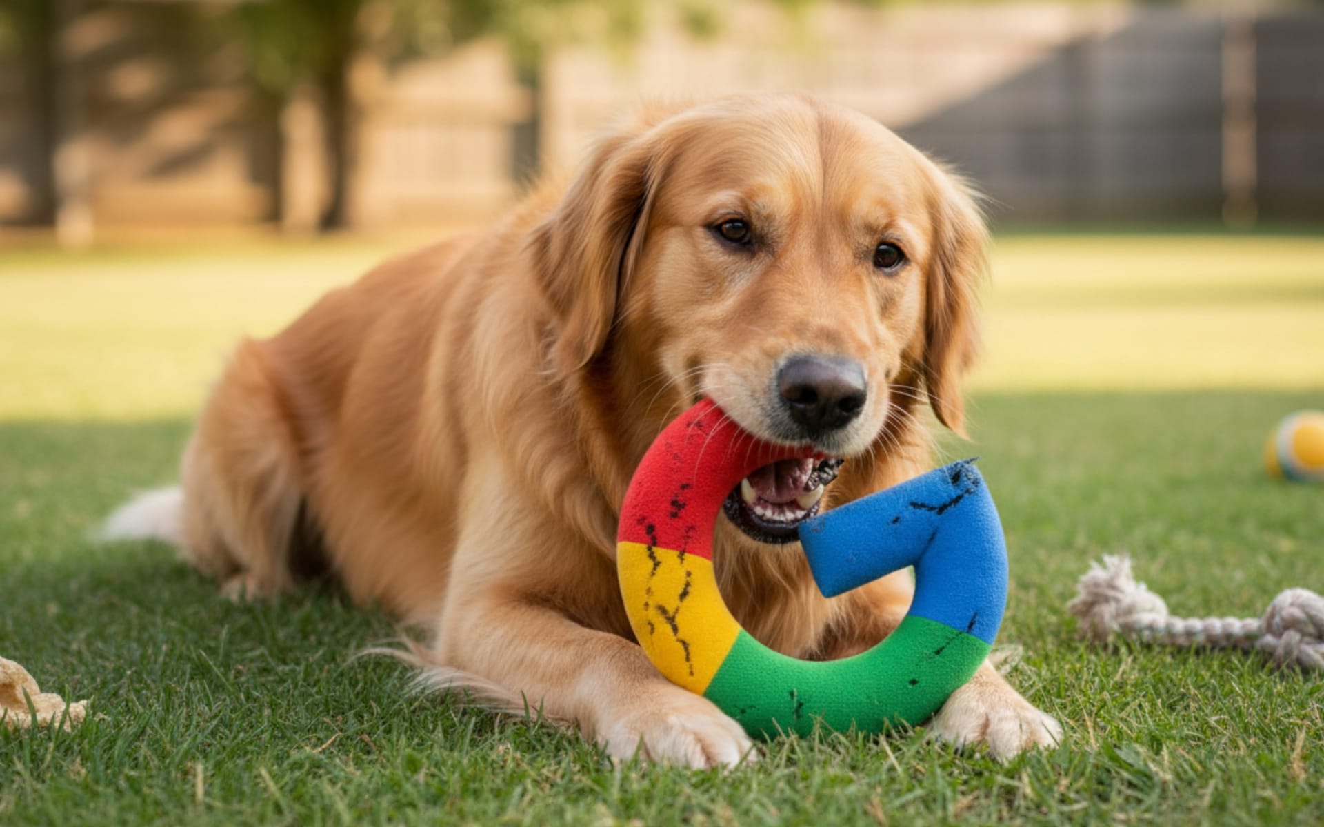 Golden retriever holding worn Google logo toy representing AI system reliability concerns in defamation lawsuit.Retry