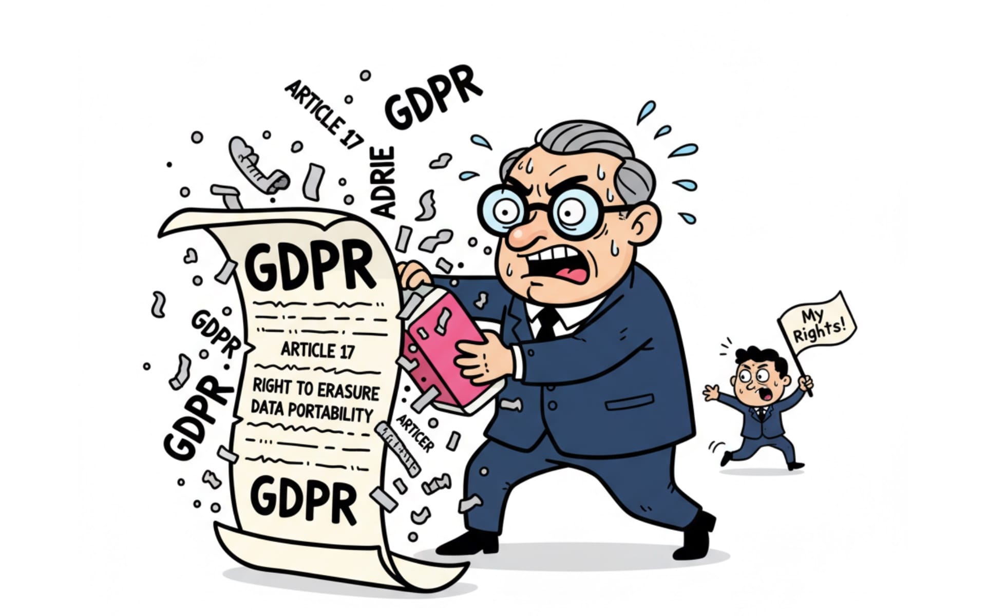 EU bureaucrat frantically erasing GDPR protections while data subject chases demanding rights back