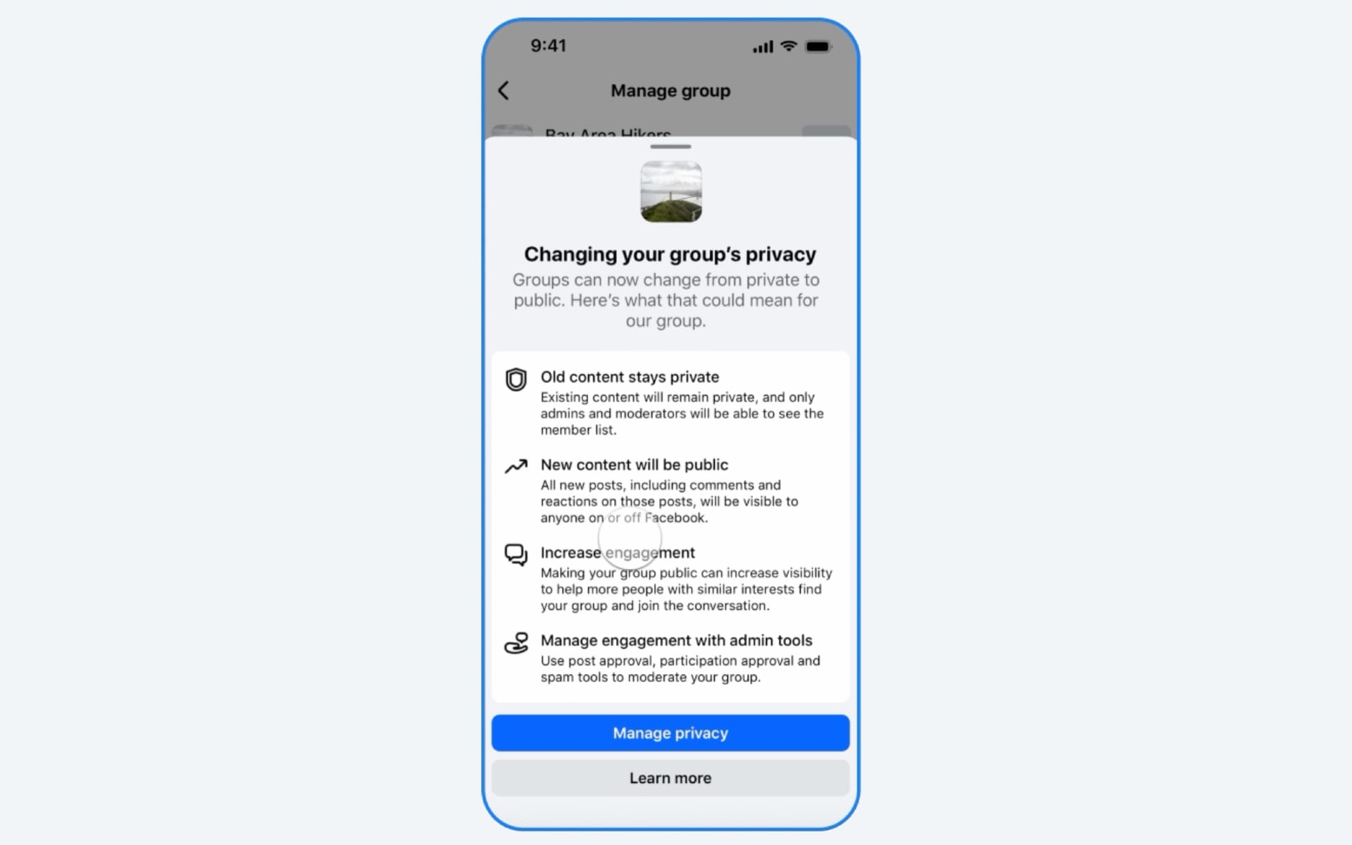 Facebook group privacy conversion interface showing old content protection and public visibility options