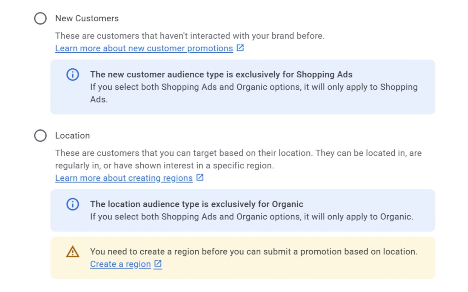 Google Merchant Center promotion audience settings showing new customer and location targeting options