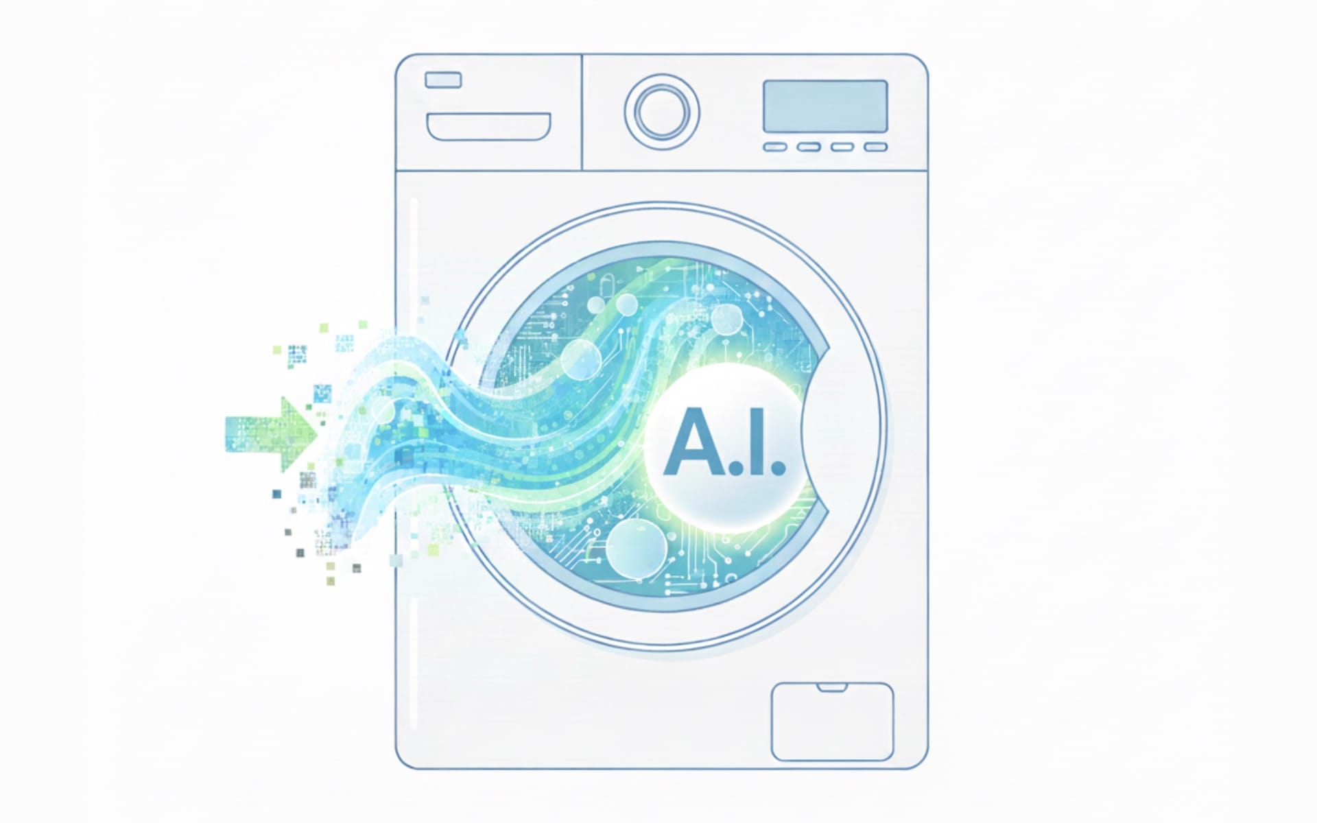 Washing machine with AI logo illustrating AI washing concept where companies exaggerate artificial intelligence capabilities