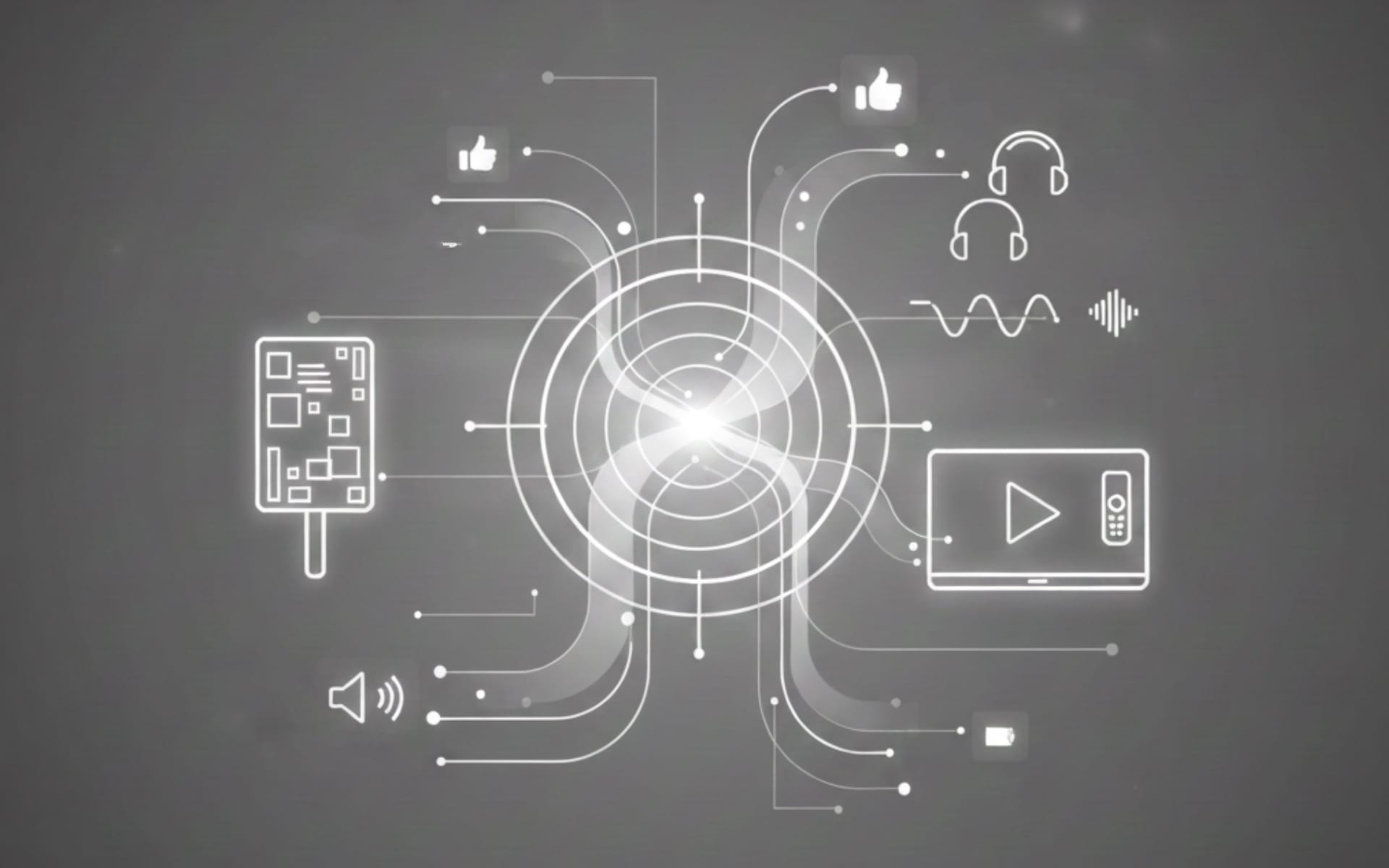 B2B digital advertising channels including social, audio, CTV, and DOOH converging around central targeting hub.