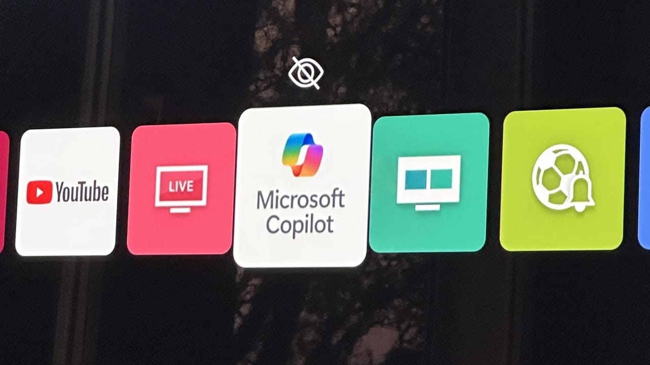 Microsoft Copilot app icon displayed on LG smart TV interface alongside YouTube and streaming apps
