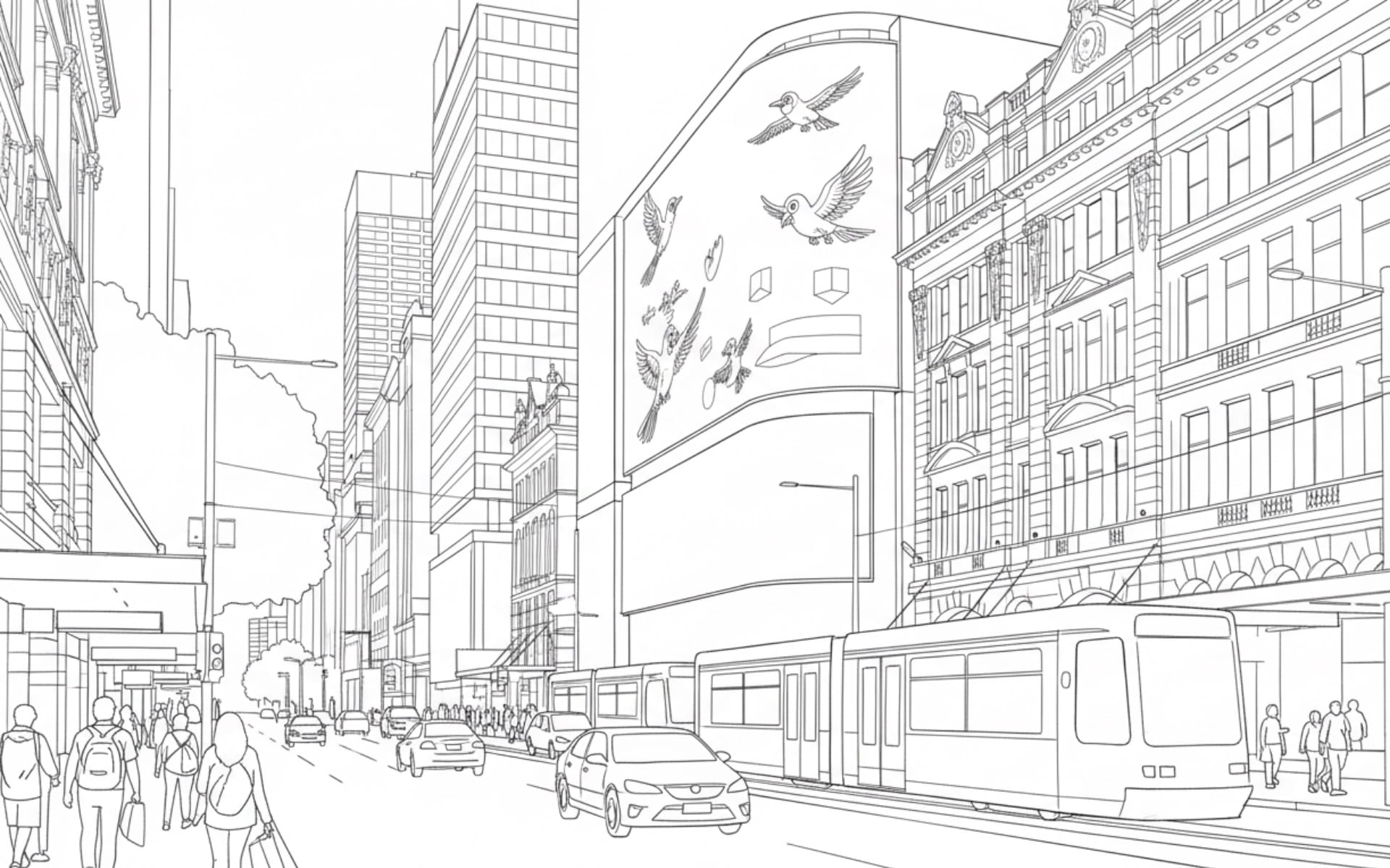 Digital out-of-home billboard displays creative content in urban street scene with pedestrians and transit