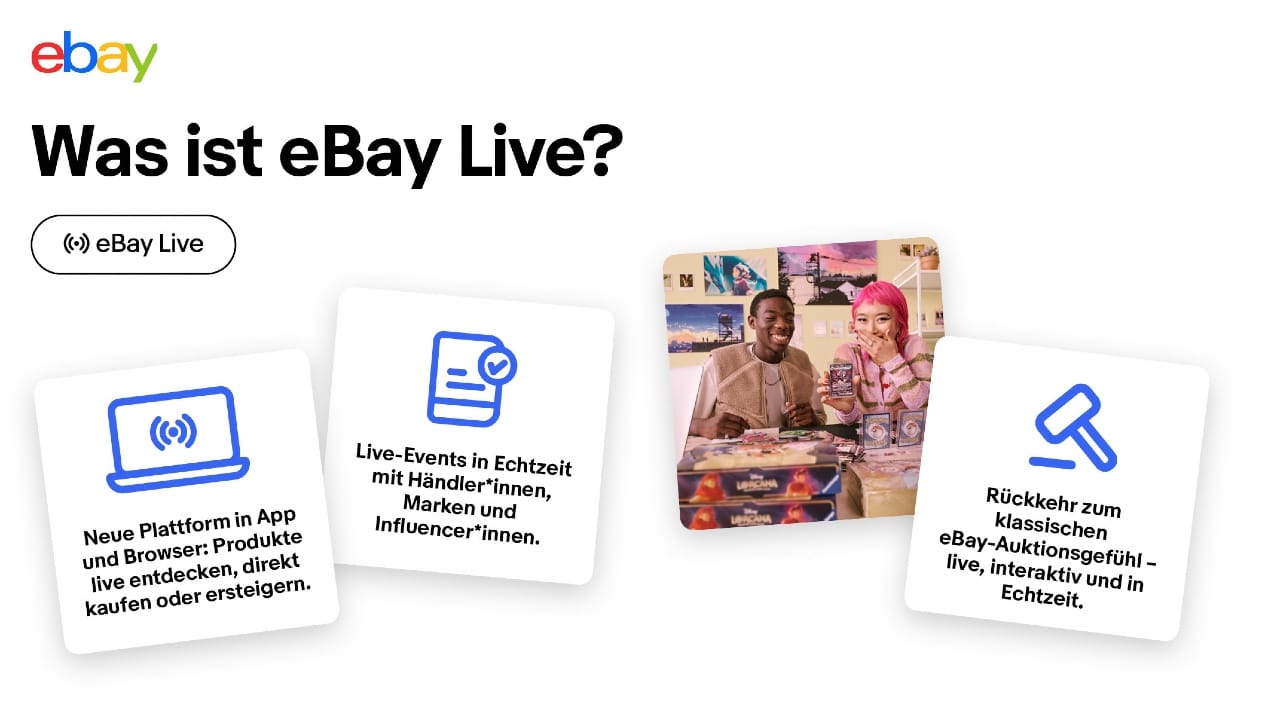 eBay Live platform interface showing real-time shopping with sellers, auctions, and instant purchases