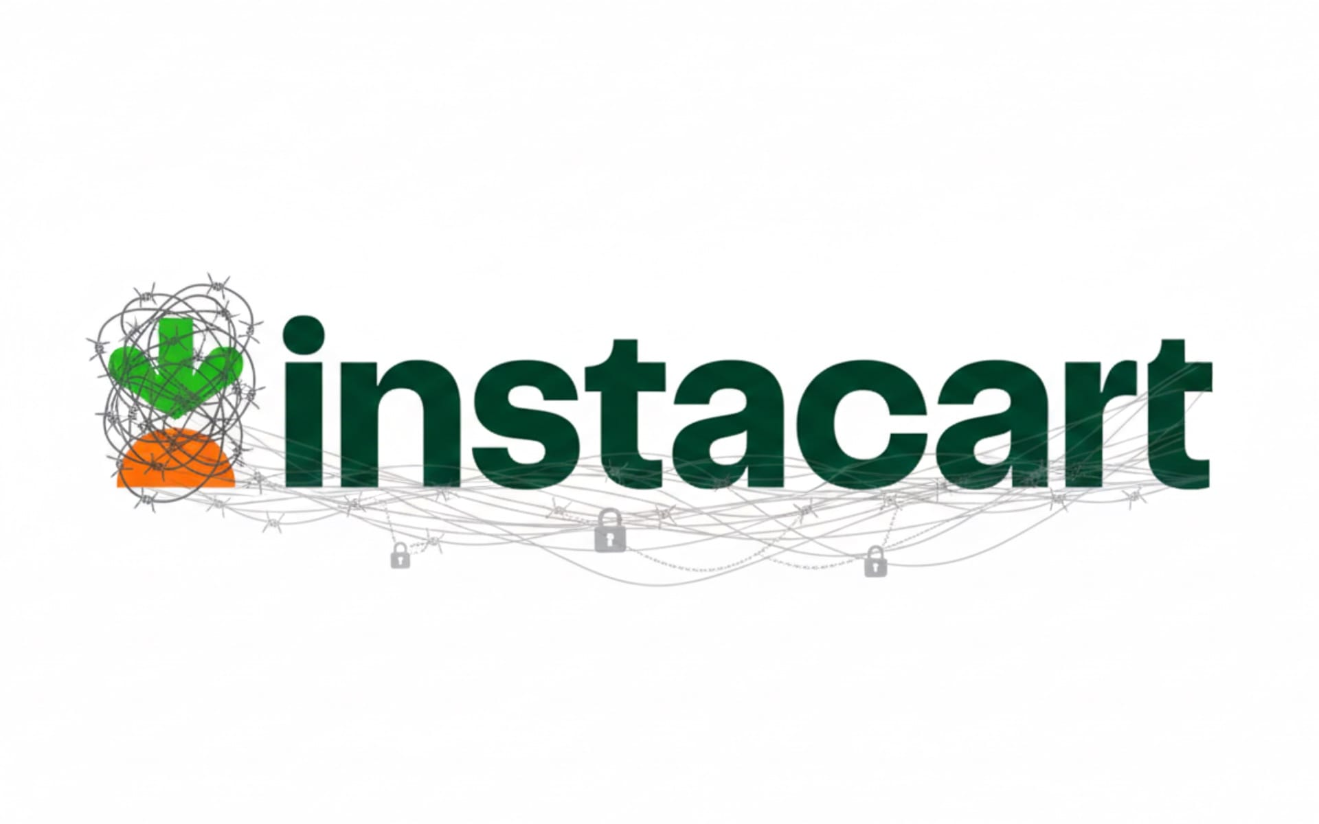 Instacart logo surrounded by web of locks representing hidden fees and subscription traps in FTC case