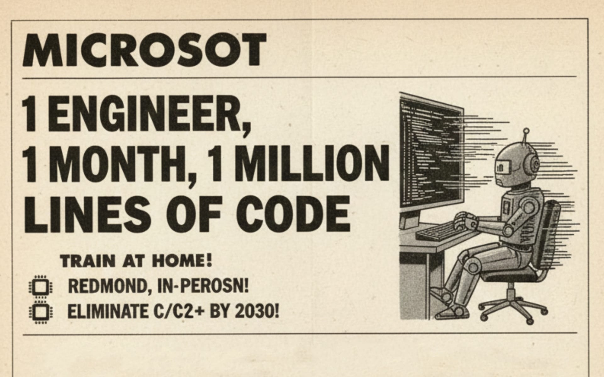 Ad shows Microsoft’s goal: 1 engineer, 1 month, 1 million lines of code using AI by 2030