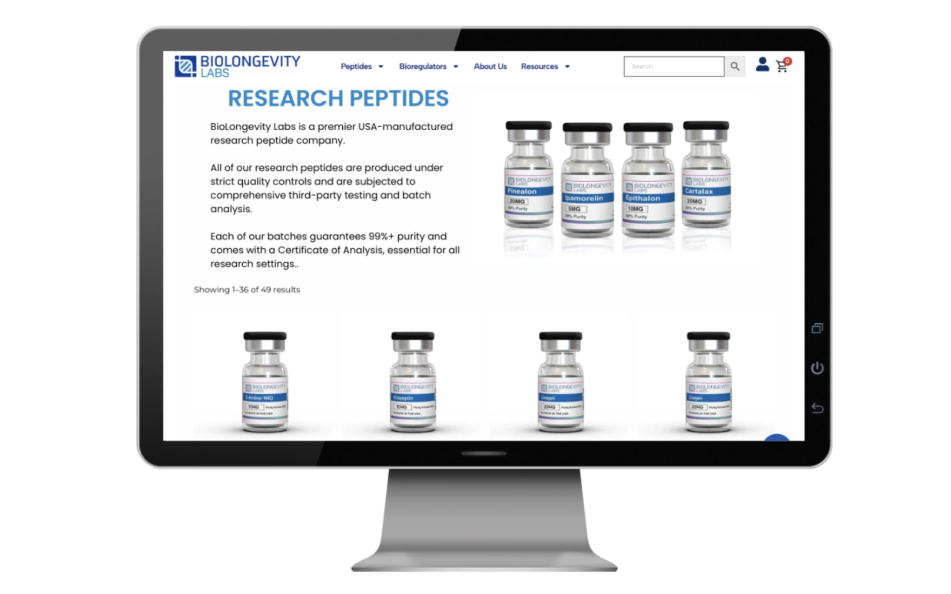 Research peptides website displaying vials marketed for laboratory use with purity claims