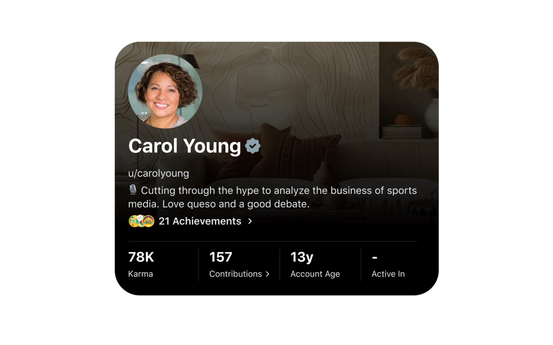 Reddit verified profile showing grey checkmark badge next to username on Carol Young's account display.