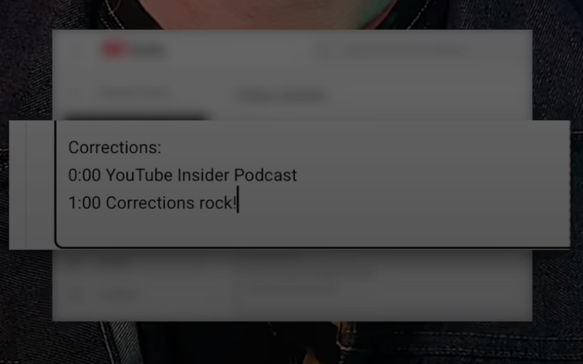 YouTube Studio interface showing correction feature with timestamped entries in video description field