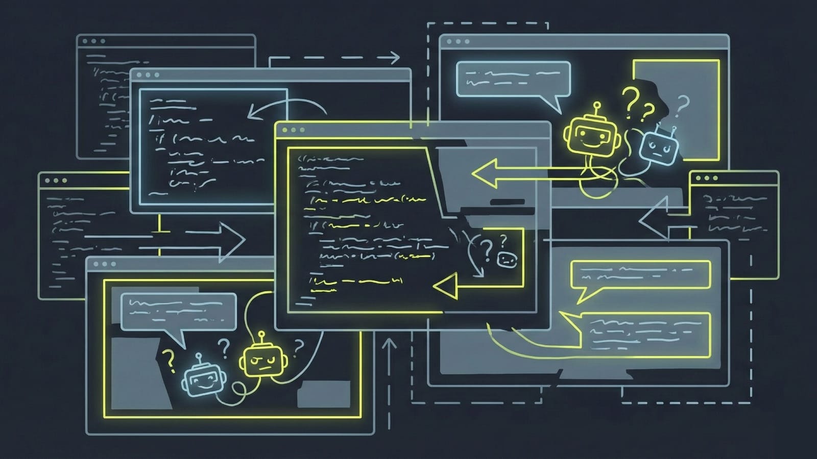 AI-generated content detection challenges illustrated with bot icons and browser windows