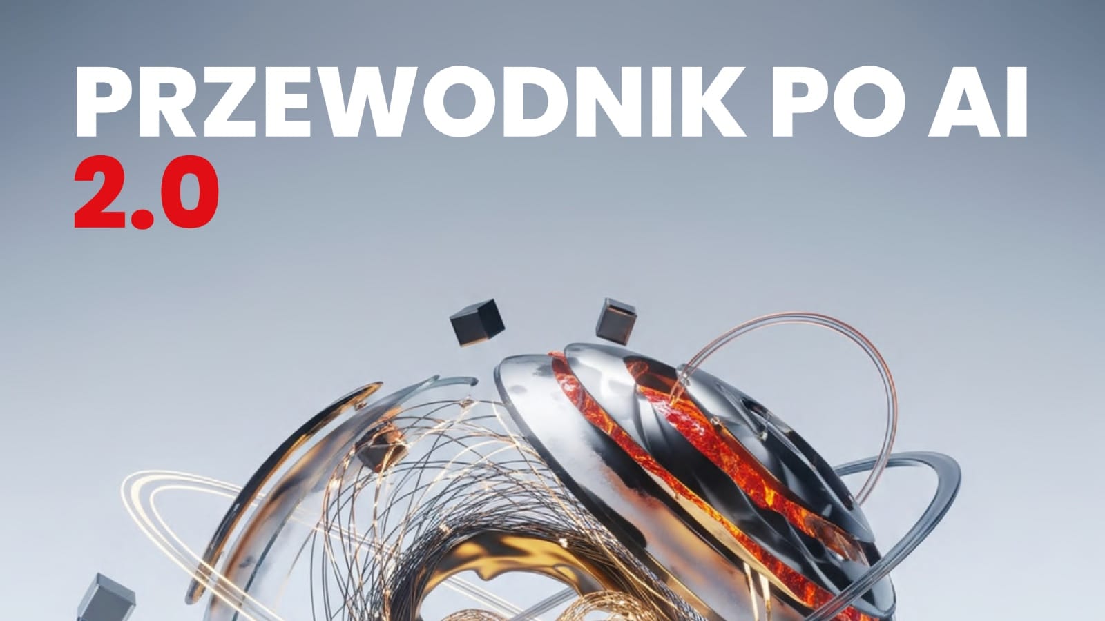 IAB Polska AI Guide 2.0 cover featuring abstract 3D design with metallic spheres and digital elements