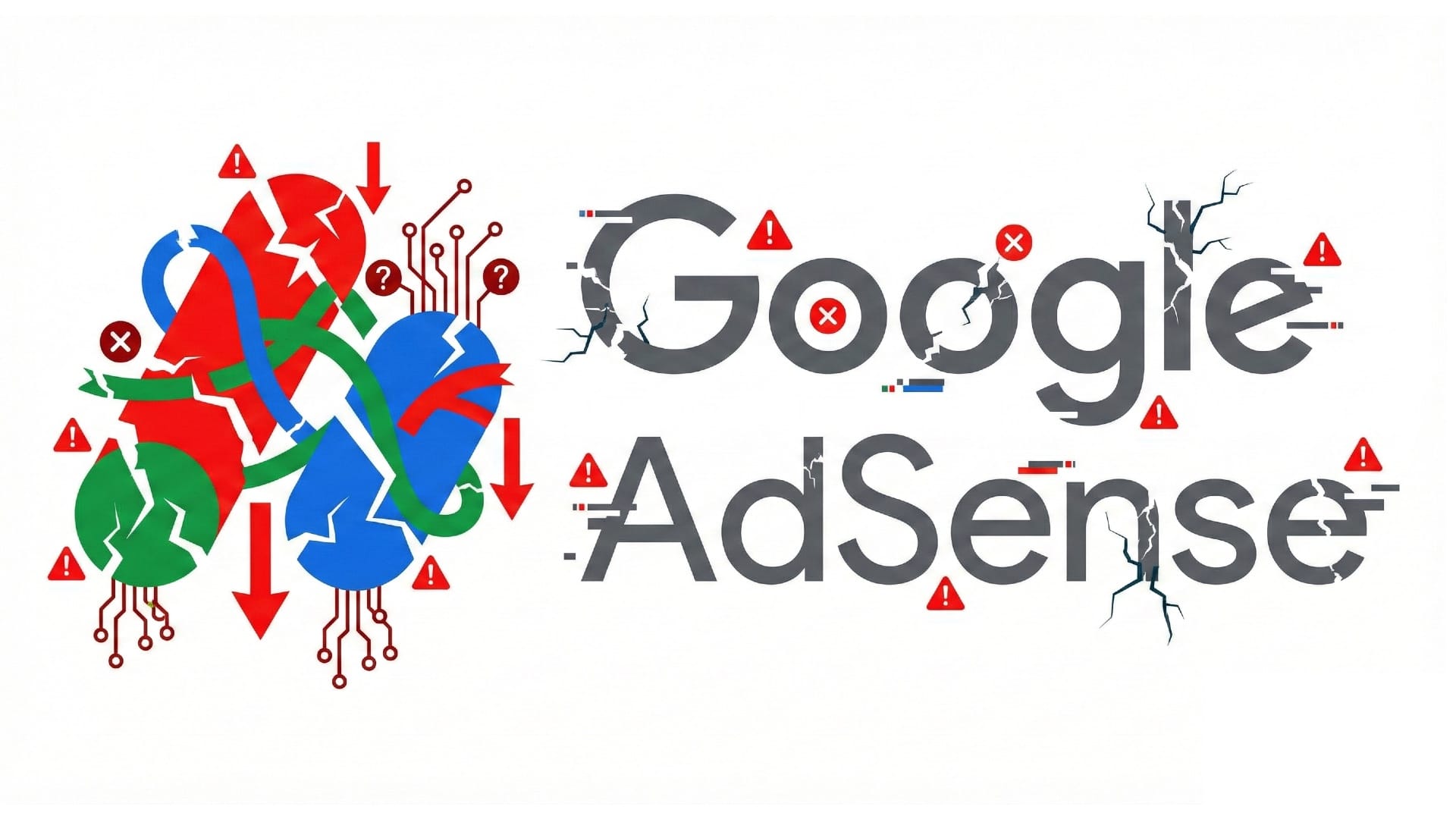 Google AdSense logo with cracks, warning symbols, downward arrows showing revenue collapse and technical failures