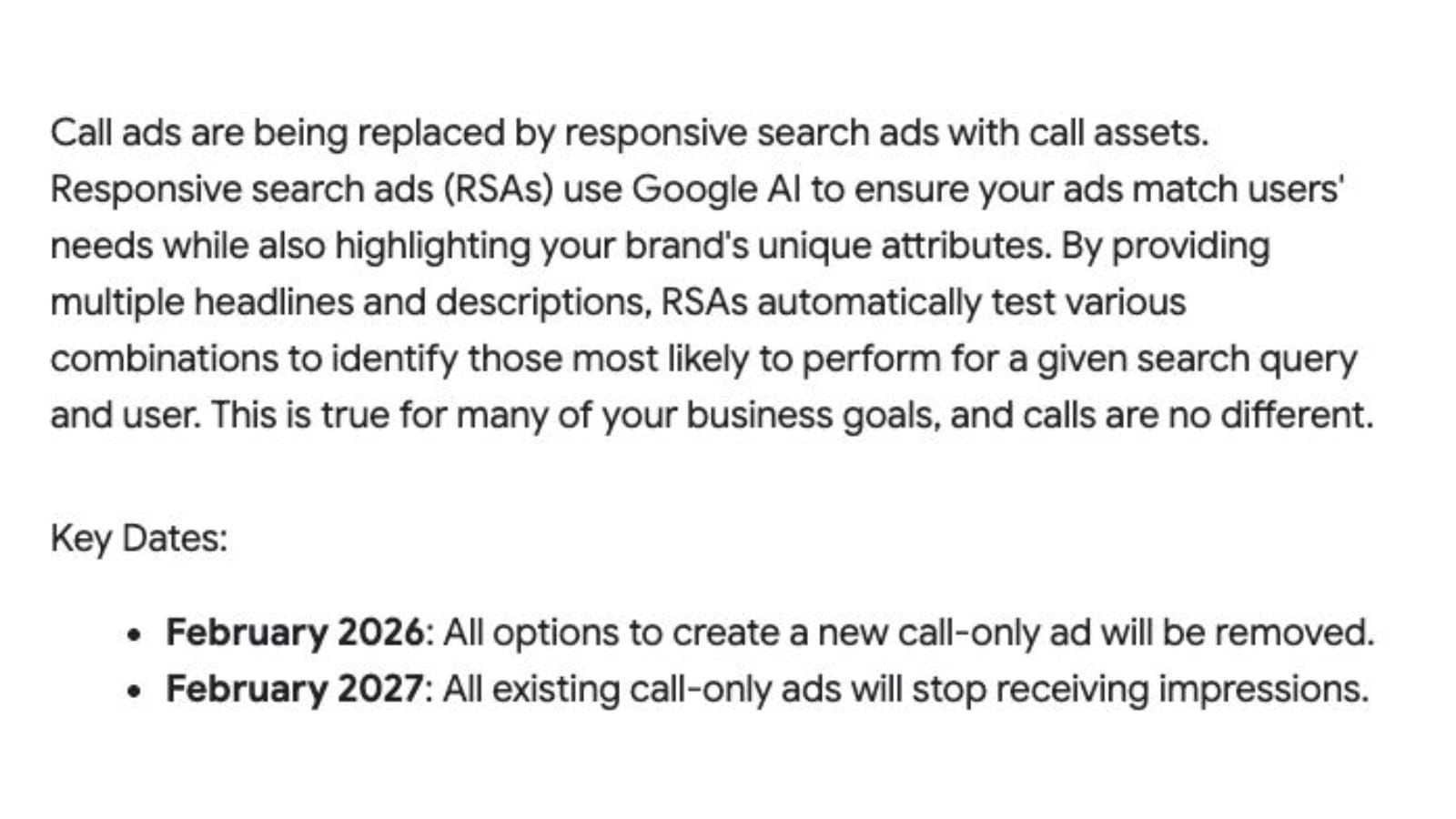 Google Ads call-only ads deprecation timeline showing February 2026 and 2027 transition dates to RSAs.