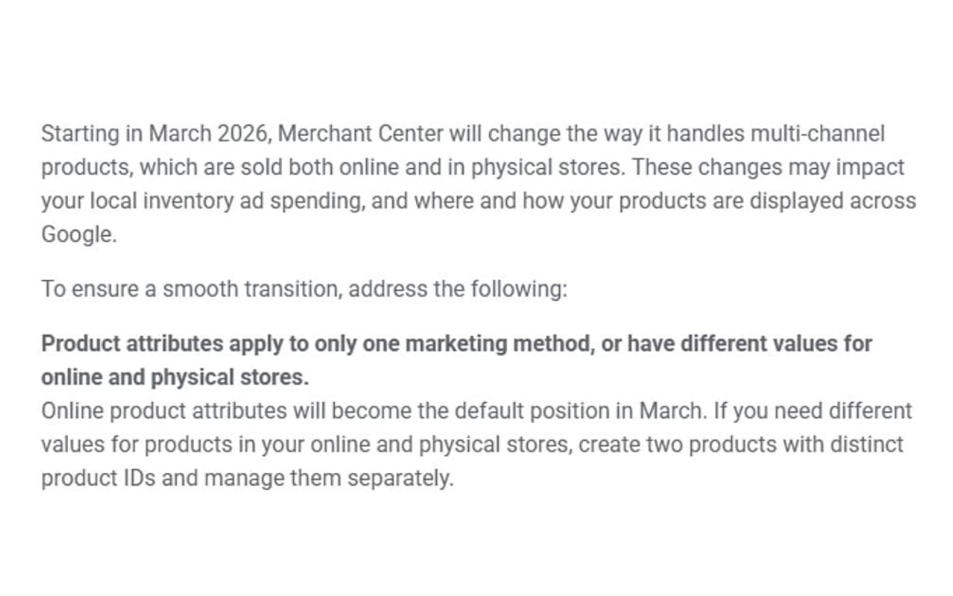 Google Merchant Center notification showing March 2026 multi-channel product ID requirement for retailers.