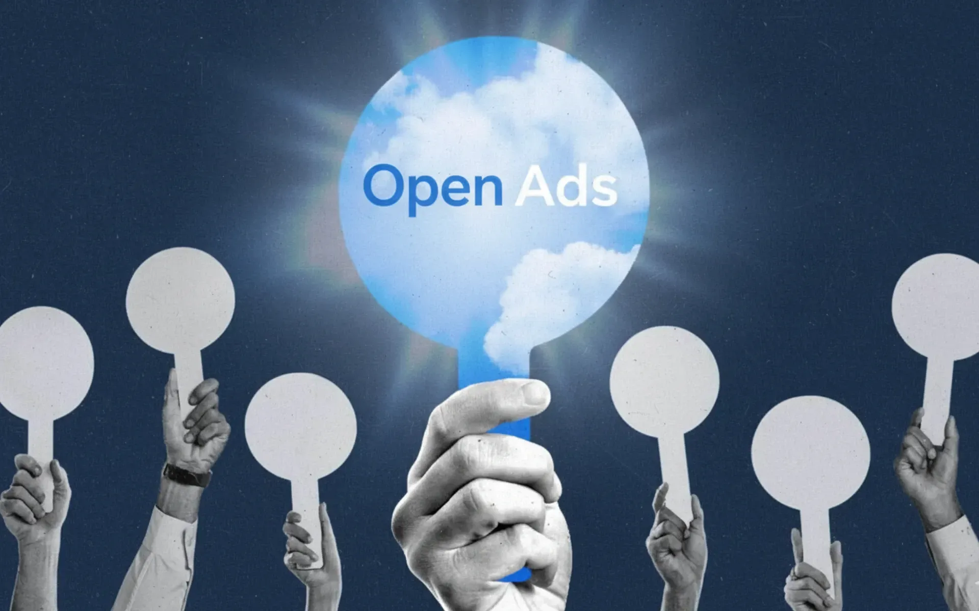 Image showing OpenAds platform branding with hands holding illuminated spheres representing transparency