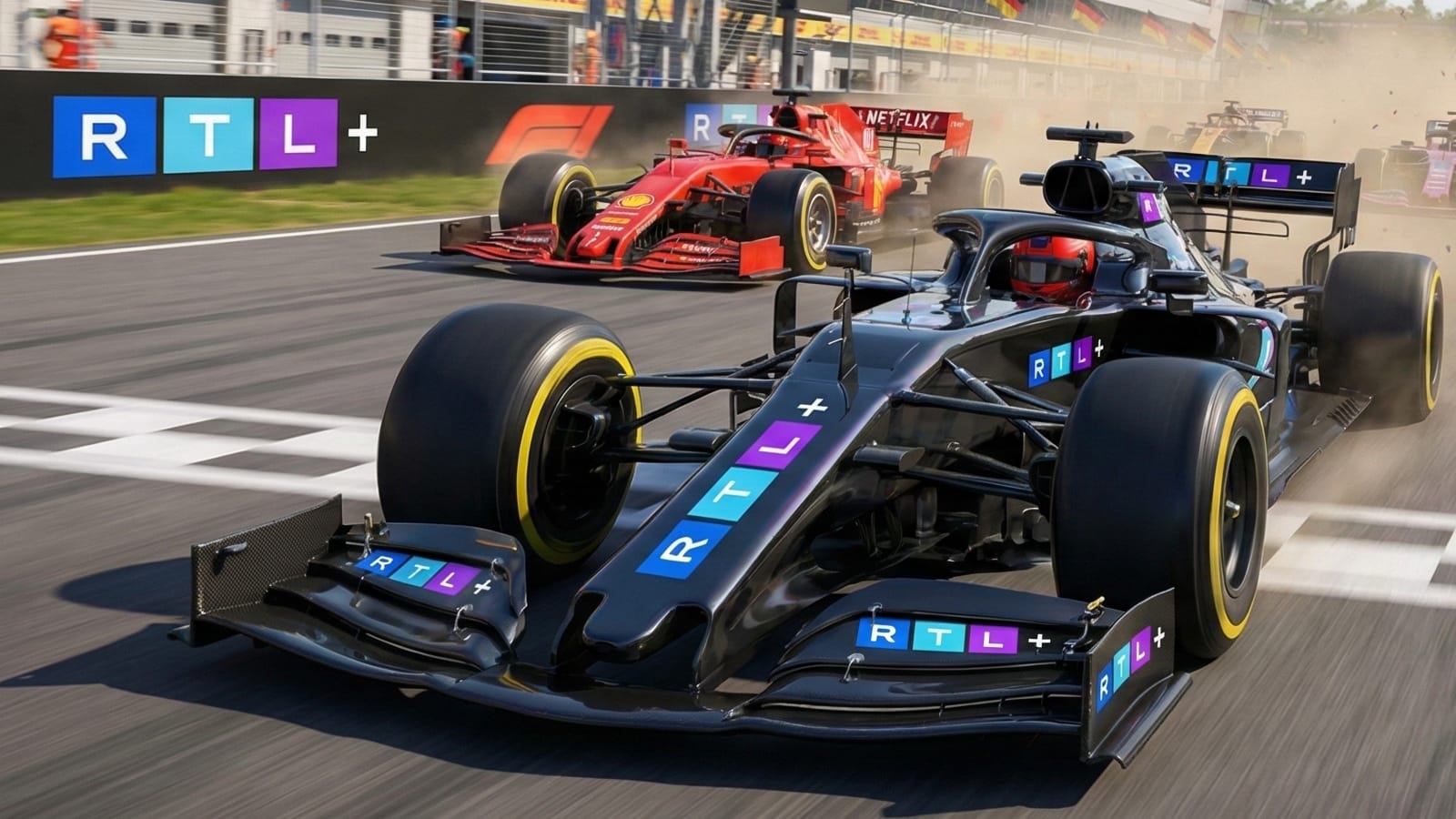 RTL+ branded Formula 1 car competes on track, illustrating streaming service's sports content strategy.