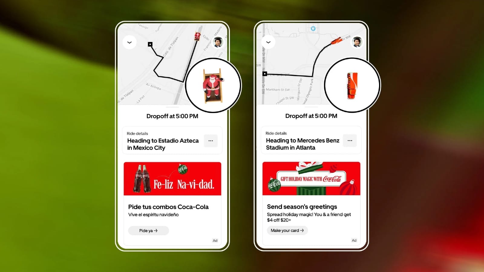 Uber Journey Takeover displays Coca-Cola branded maps with custom icons for stadium destinations
