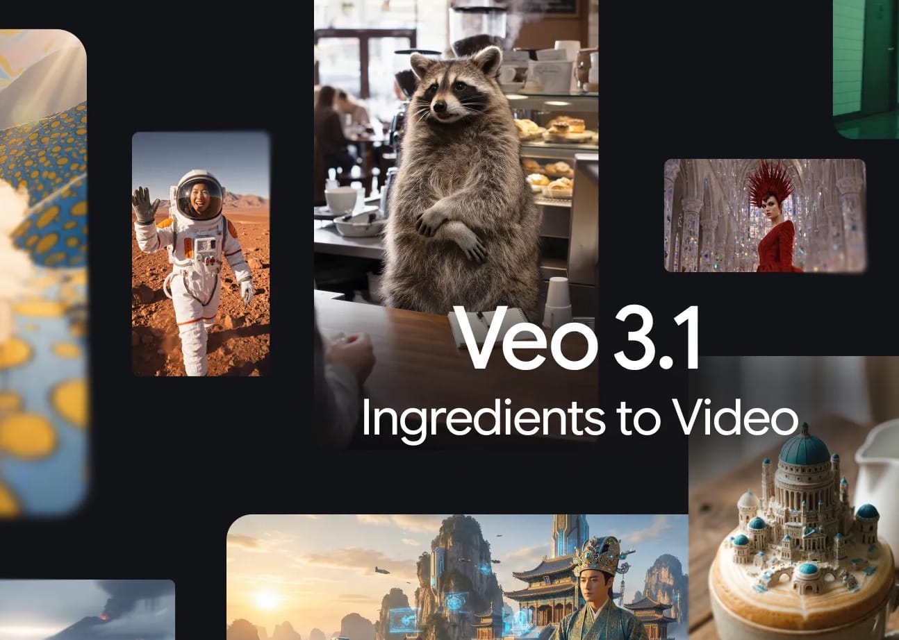 YouTube Veo 3.1 creates videos from three images: astronaut, raccoon, character examples shown