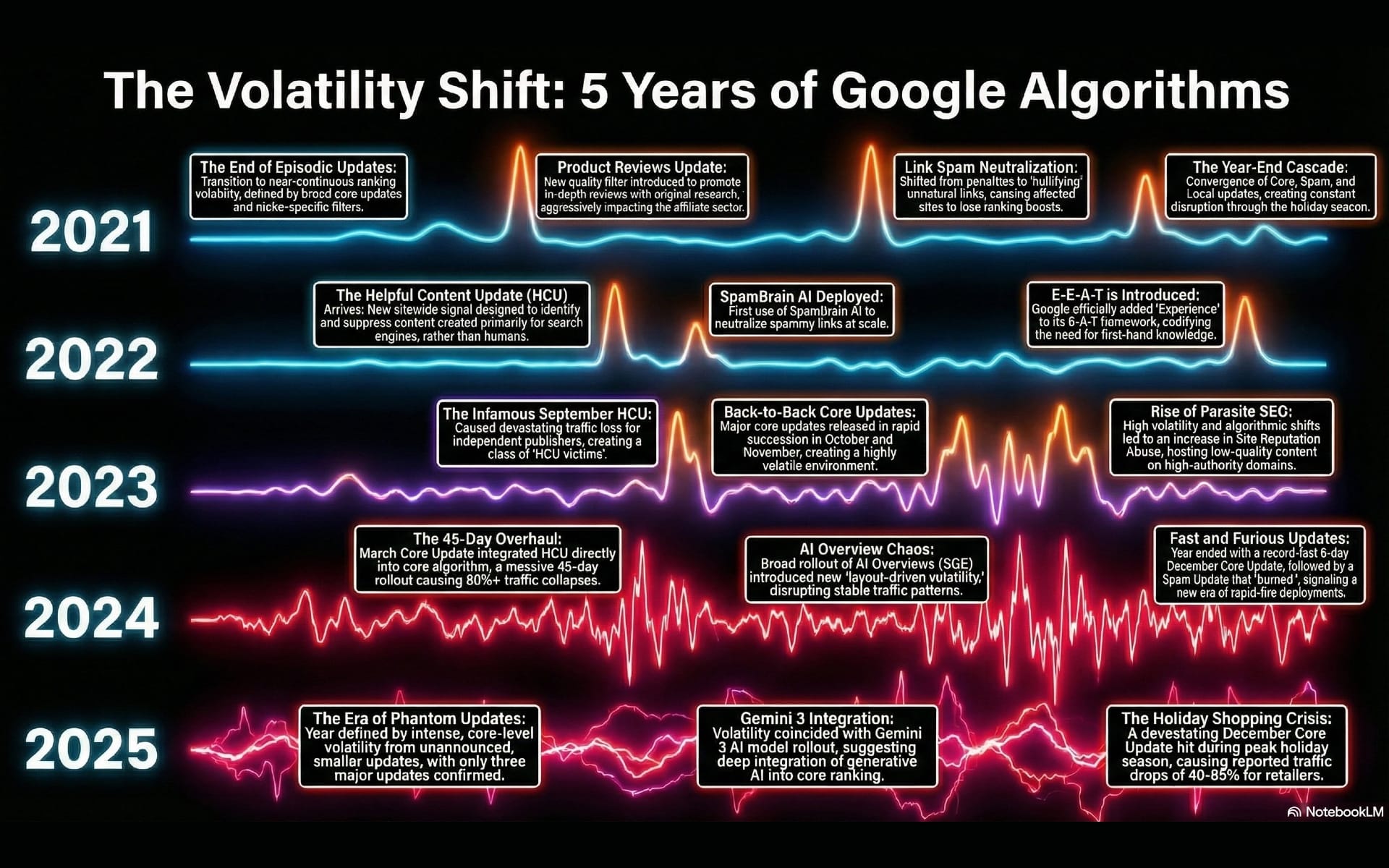 Google SERP volatility visualization showing algorithmic shifts from 2021-2025 tracking major updates.