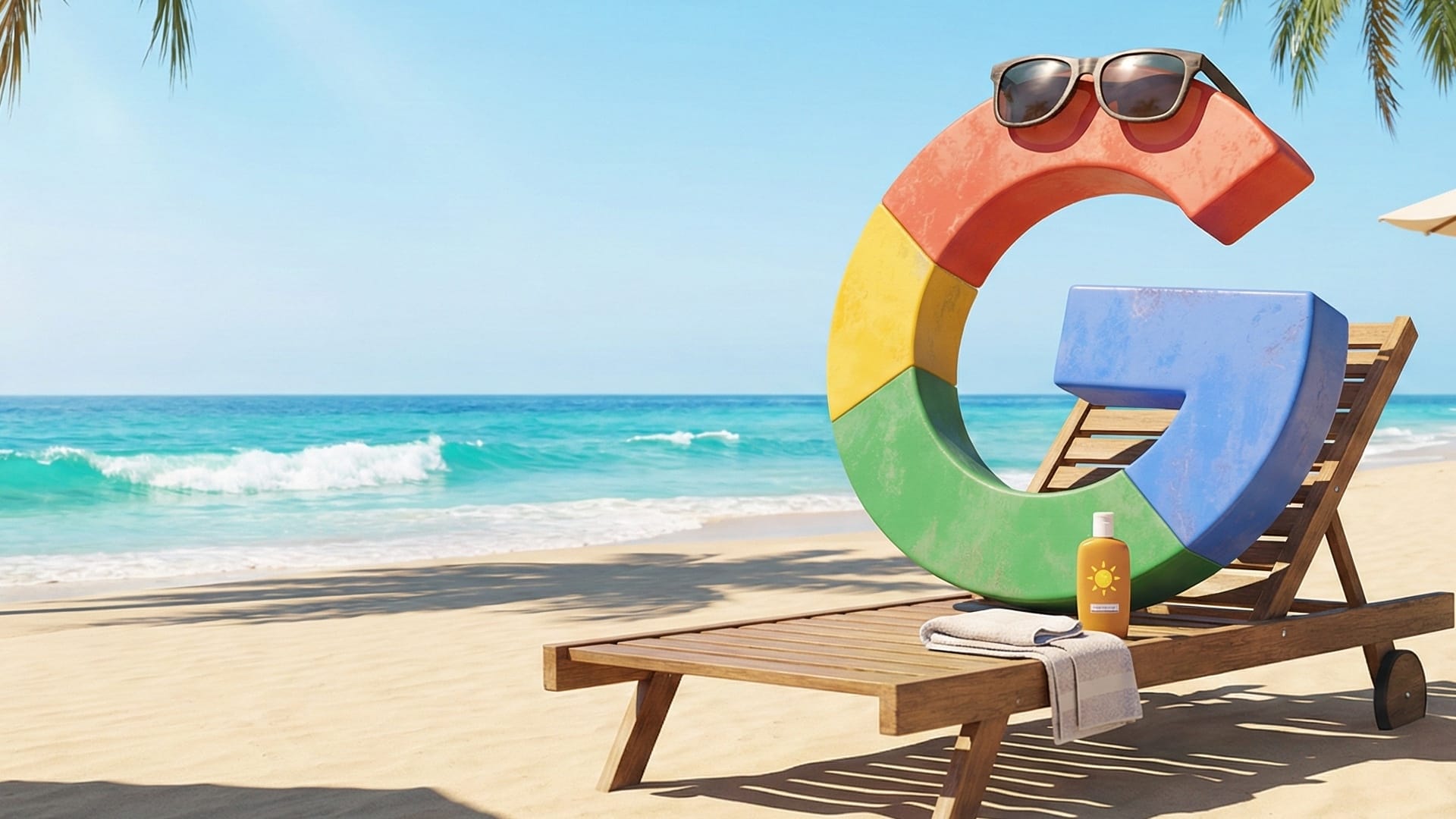 Google logo relaxes on beach as EU regulators review behavioral remedies for AdTech monopoly case.
