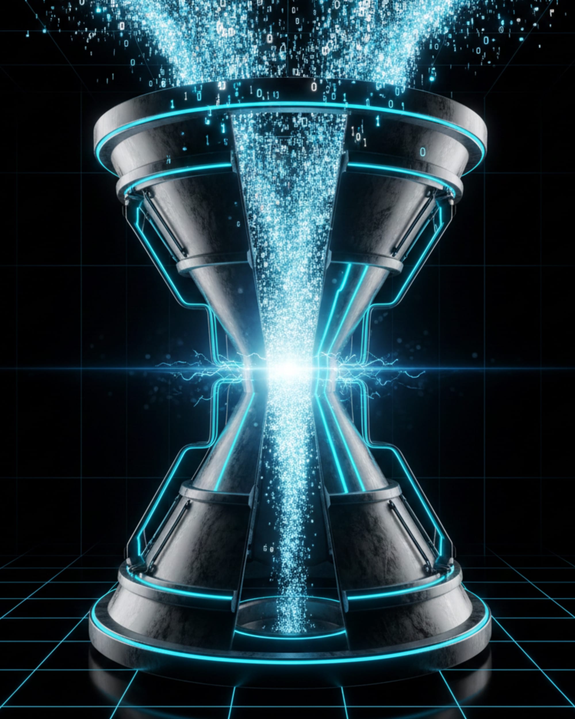 Digital hourglass showing data compression through narrow bottleneck, illustrating web crawl limits