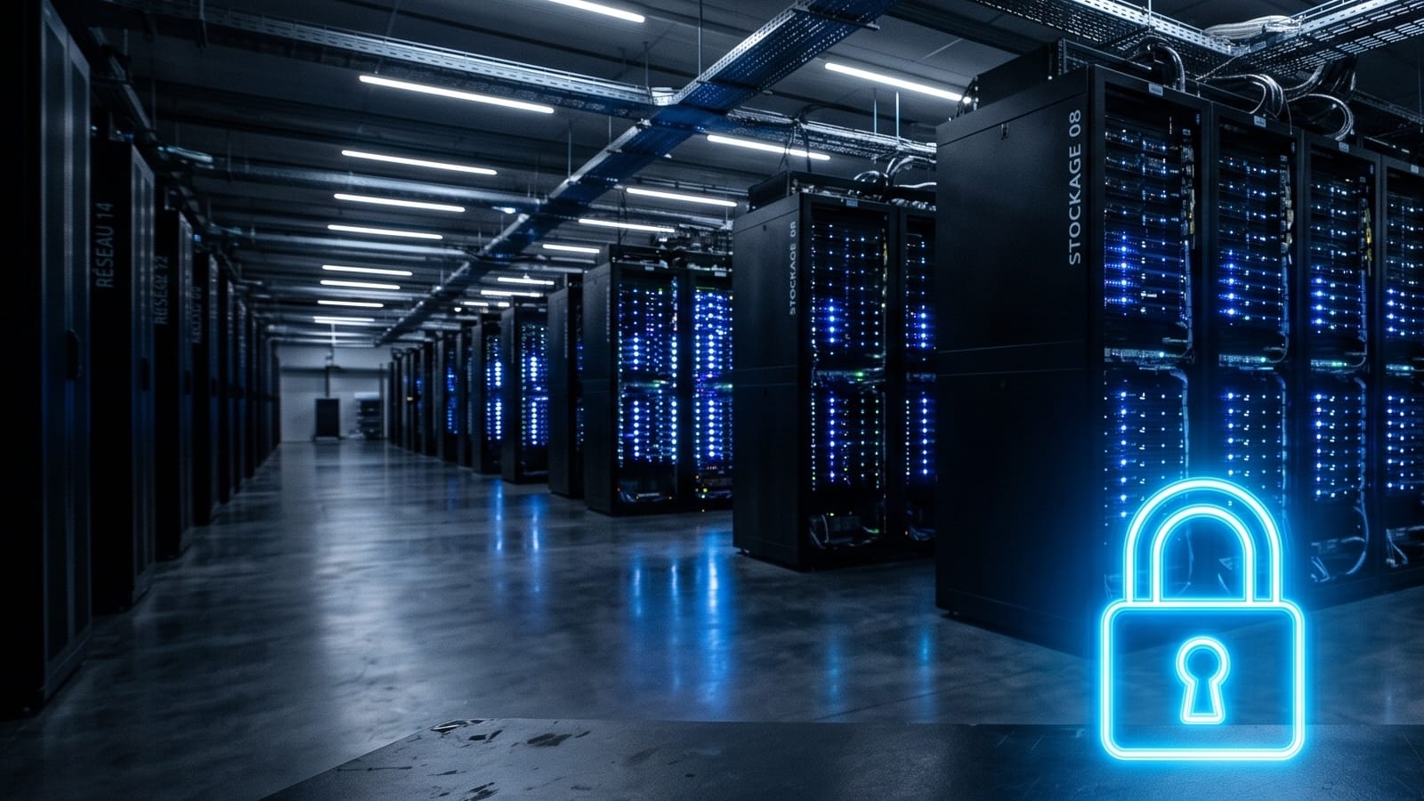 GDPR data compliance in a French server room with security lock symbol