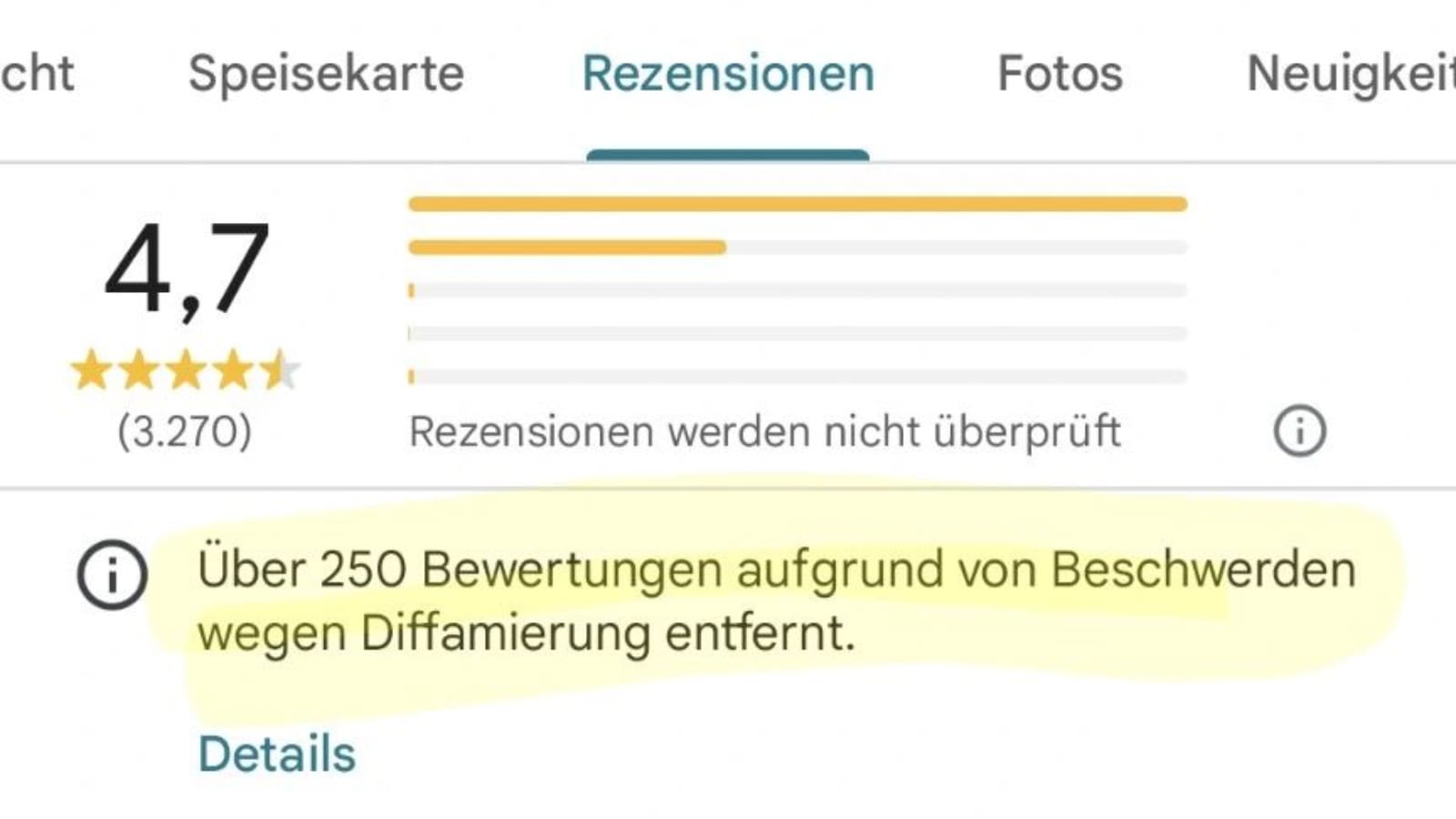 Google Maps defamation notice on German listing: 250+ reviews removed, 4.7 stars, 3,270 ratings