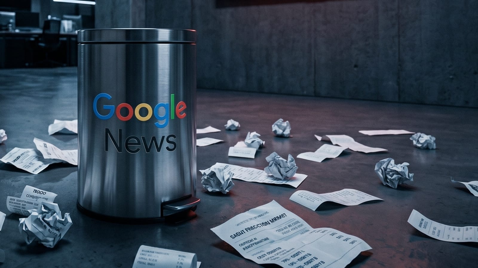 Google News trash can surrounded by betting slips, prediction market contracts on floor.