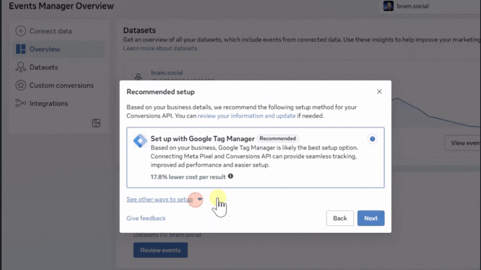 Meta Events Manager recommending Google Tag Manager for Conversions API setup, showing 17.8% lower cost.