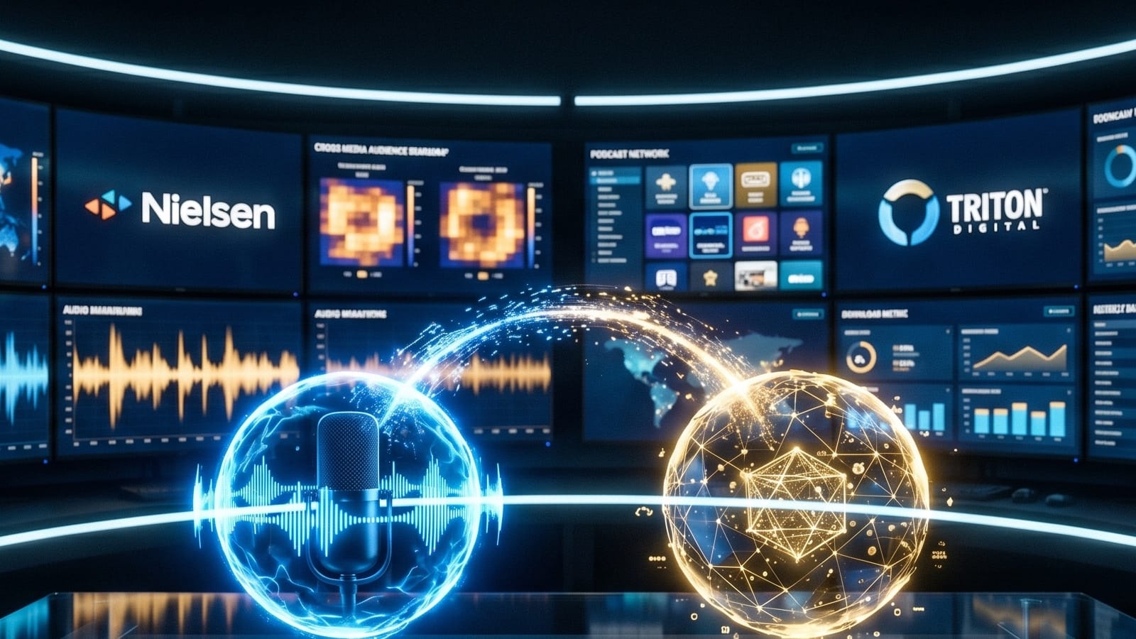 Nielsen and Triton Digital logos on screens in a data-driven podcast measurement studio.