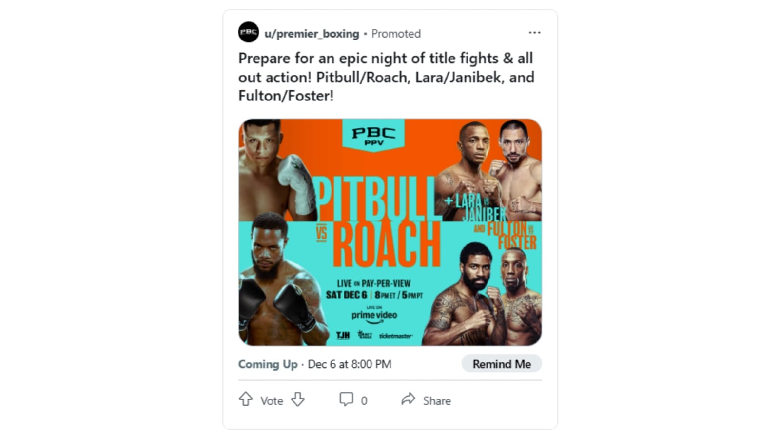 Premier Boxing Champions Reminder Ad on Reddit promoting a live PPV boxing event on Amazon Prime
