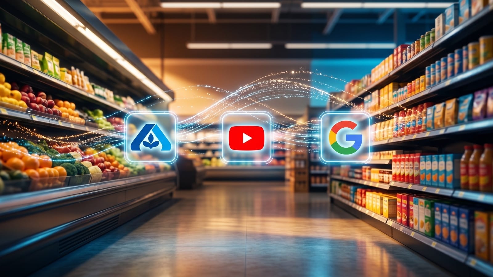 Albertsons, YouTube, and Google logos connected by data streams inside a grocery store aisle.