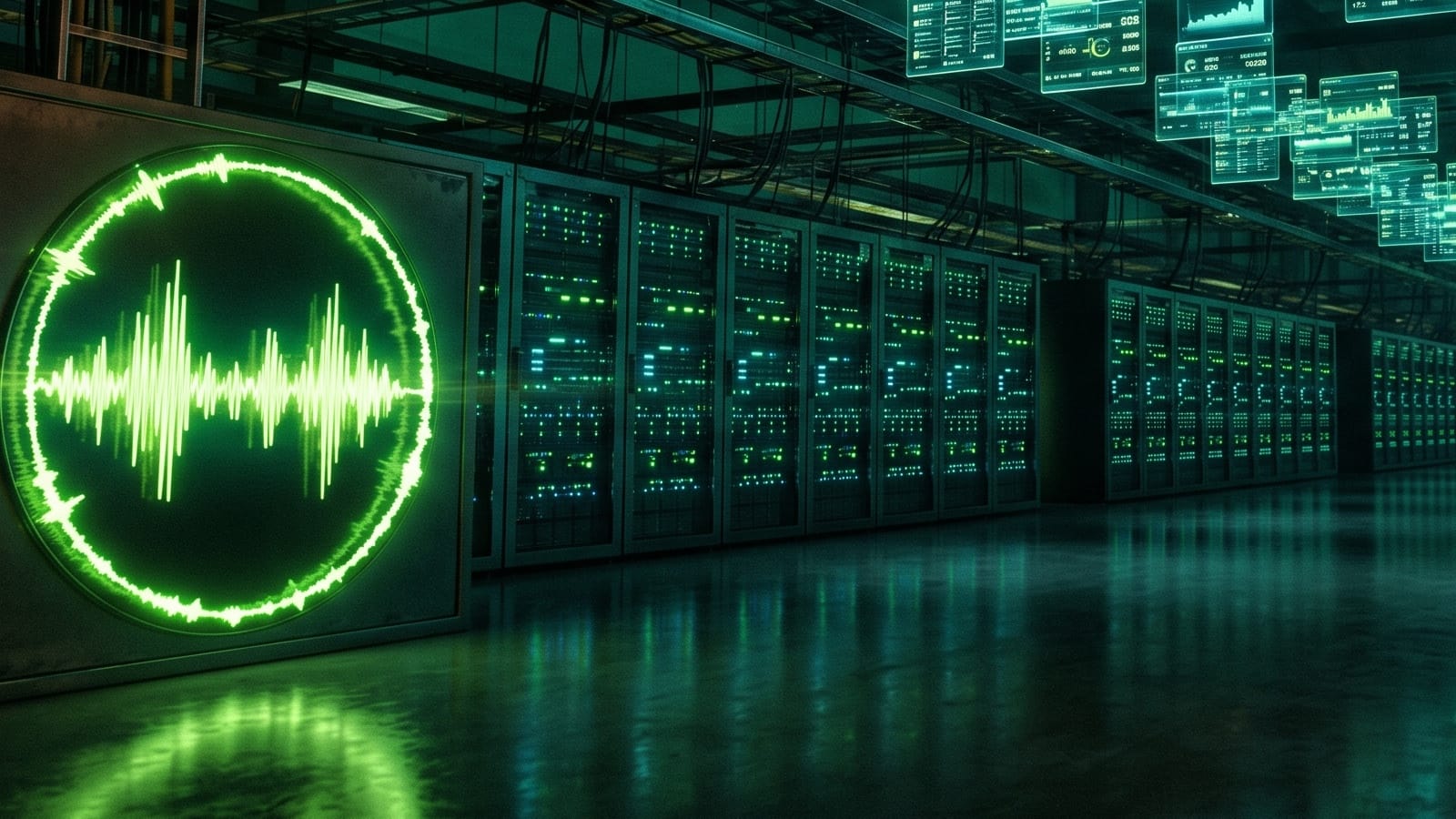 Spotify ad exchange server room with glowing audio waveform and programmatic data dashboards