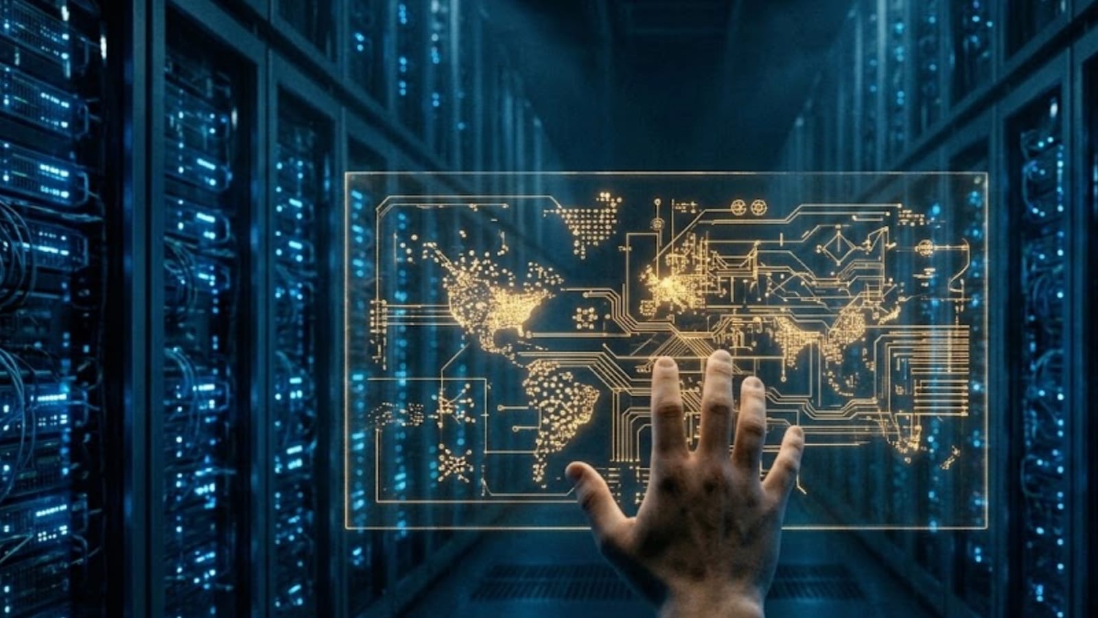 Google DeepMind server room with human hand touching glowing map, AI consciousness debate