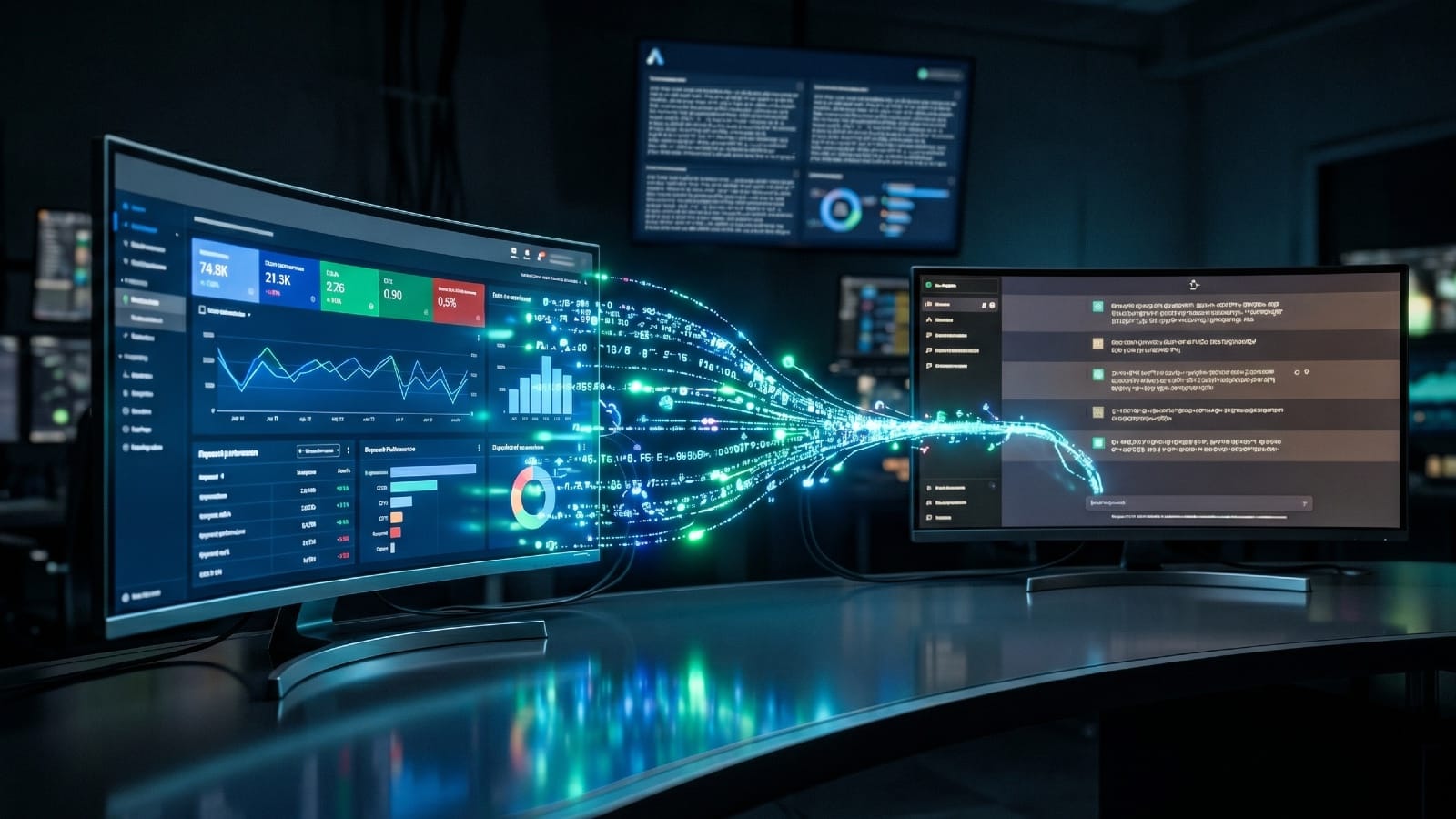 Google Ads dashboard transferring campaign data into ChatGPT via glowing data stream
