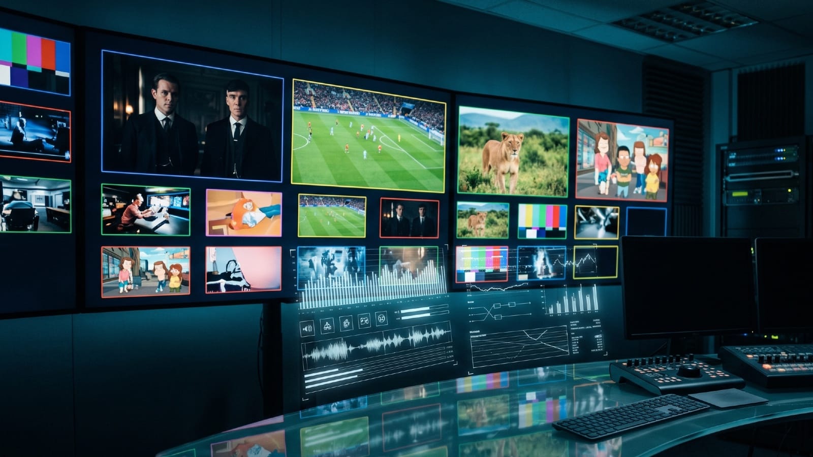 Broadcast control room displaying CTV content grid with analytics overlays and streaming metrics.