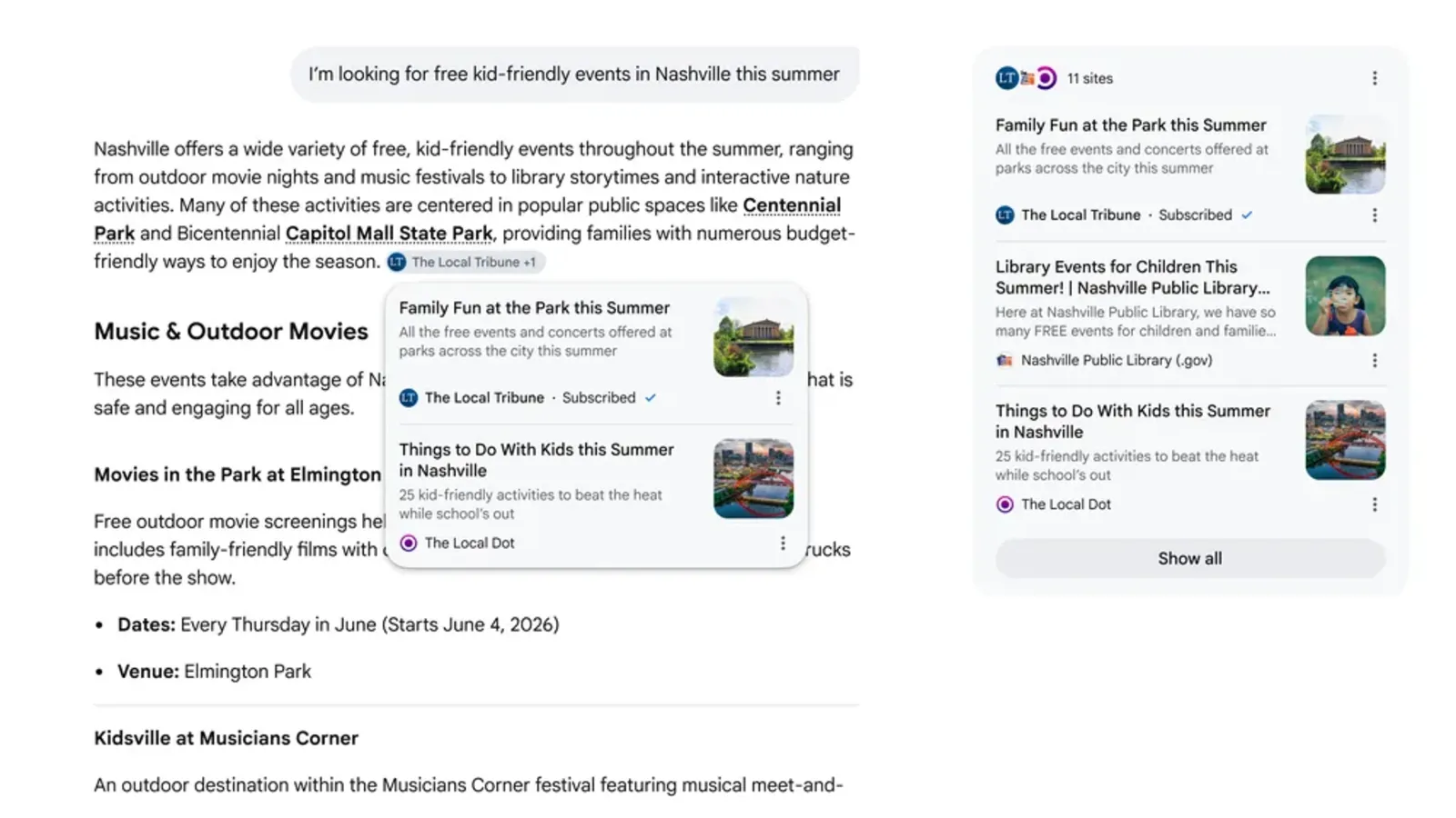 Google AI Mode showing subscription-labeled links for kid-friendly Nashville events search