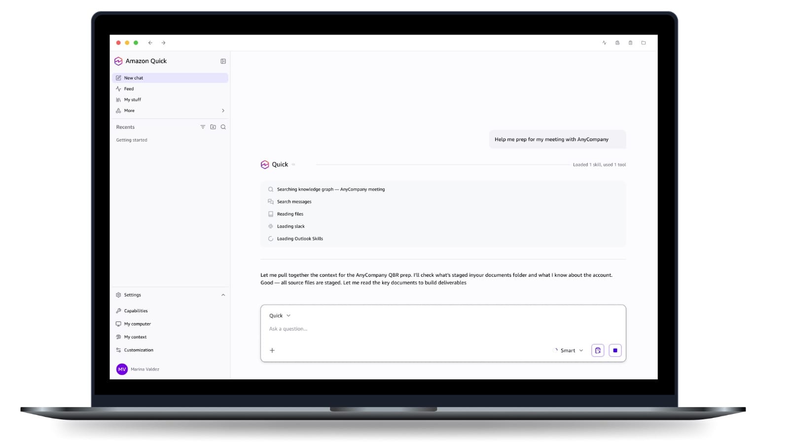 Amazon Quick desktop app searching knowledge graph and Slack before a client meeting
