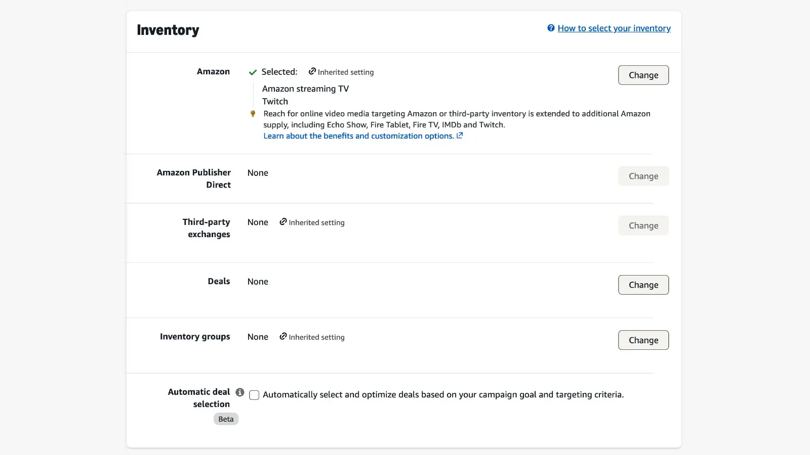Amazon DSP inventory section showing automatic deal selection checkbox in beta