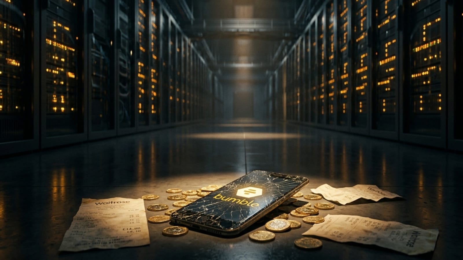 Bumble app on cracked phone with gold coins in server corridor, Q1 2026 earnings