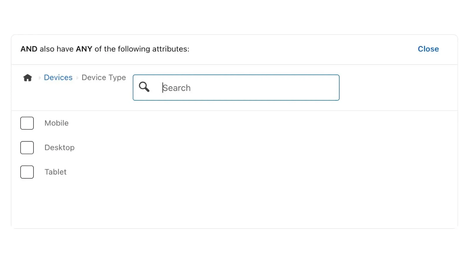 LinkedIn Campaign Manager Device Type targeting panel showing Mobile, Desktop, and Tablet options.