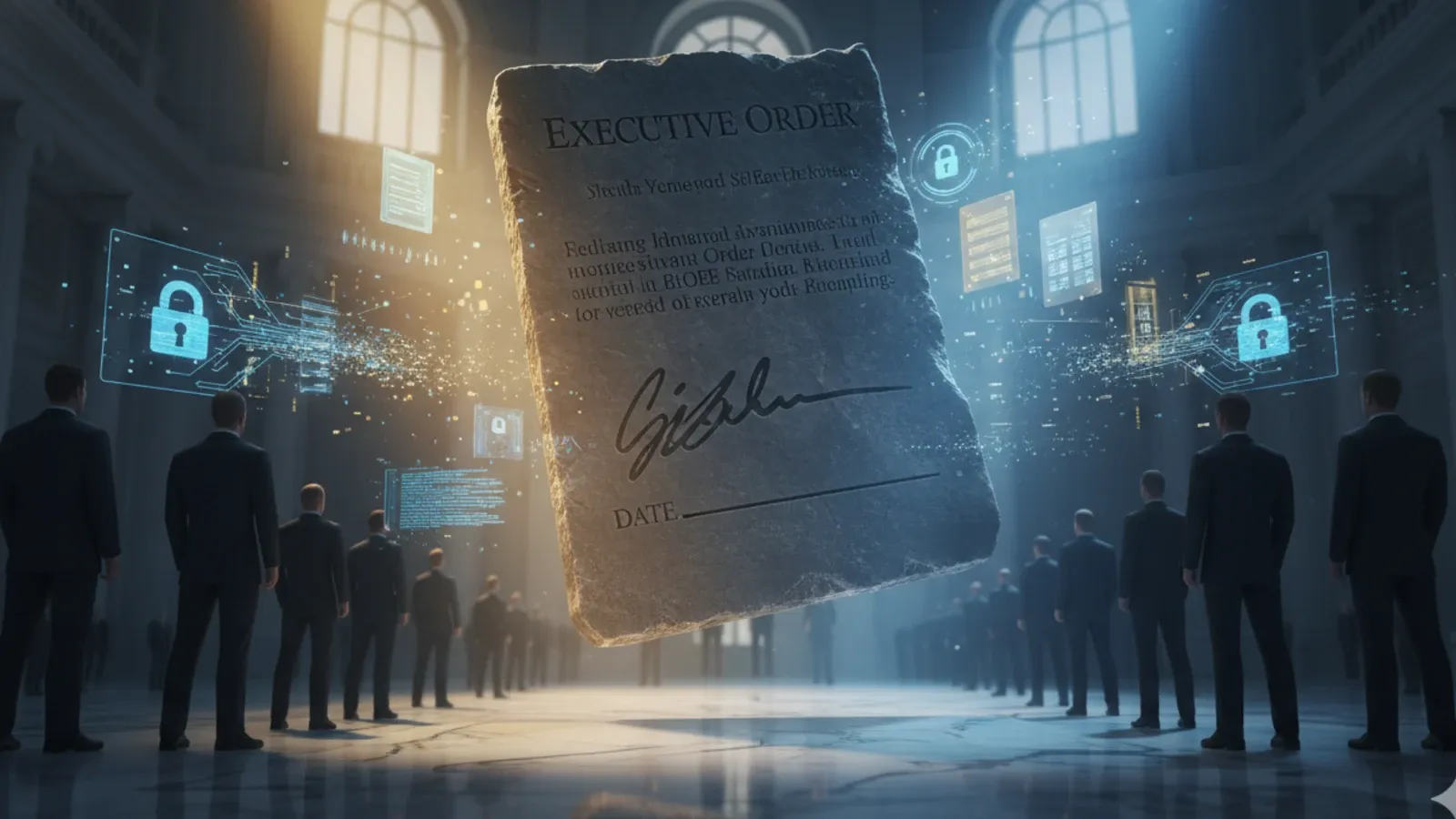 Suspended executive order document floating in federal chamber, AI cybersecurity symbols around it