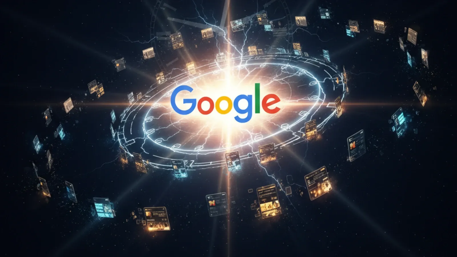 Google May 2026 core update shockwave with orbiting search ranking cards in deep space