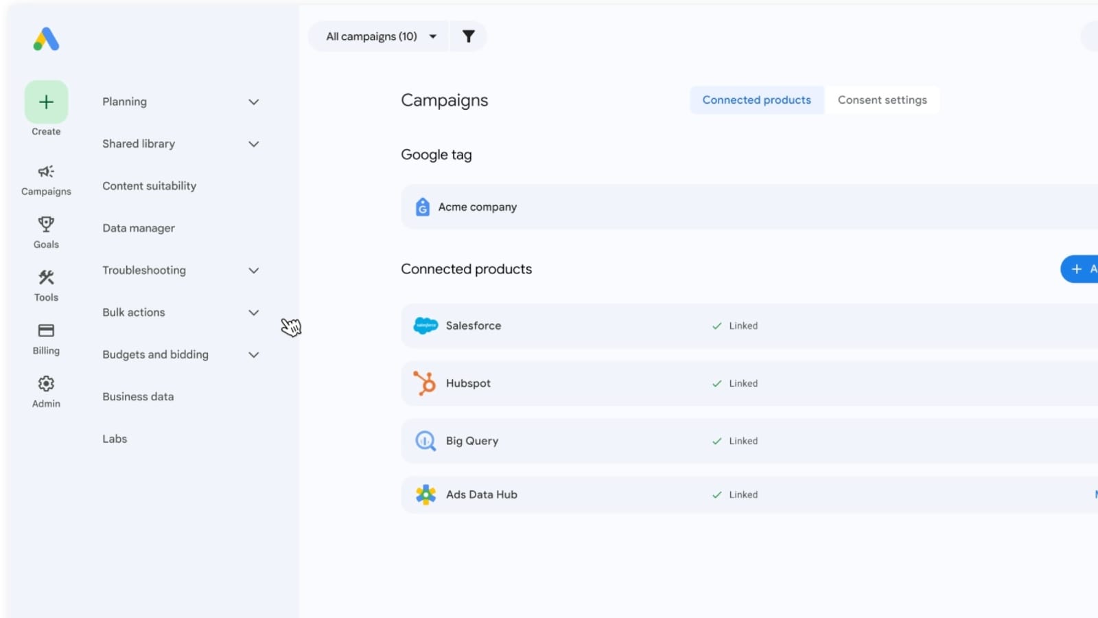 Google Ads Data Manager showing connected products: Salesforce, HubSpot, BigQuery, Ads Data Hub.
