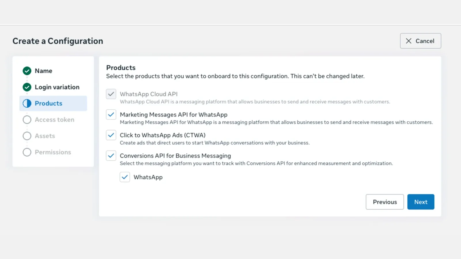 Meta embedded signup v4 product selection screen showing WhatsApp APIs and CTWA options