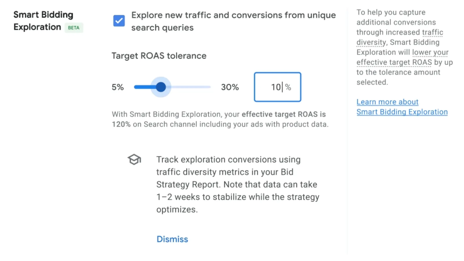 Smart Bidding Exploration beta UI showing Target ROAS tolerance slider set to 10% in Google Ads